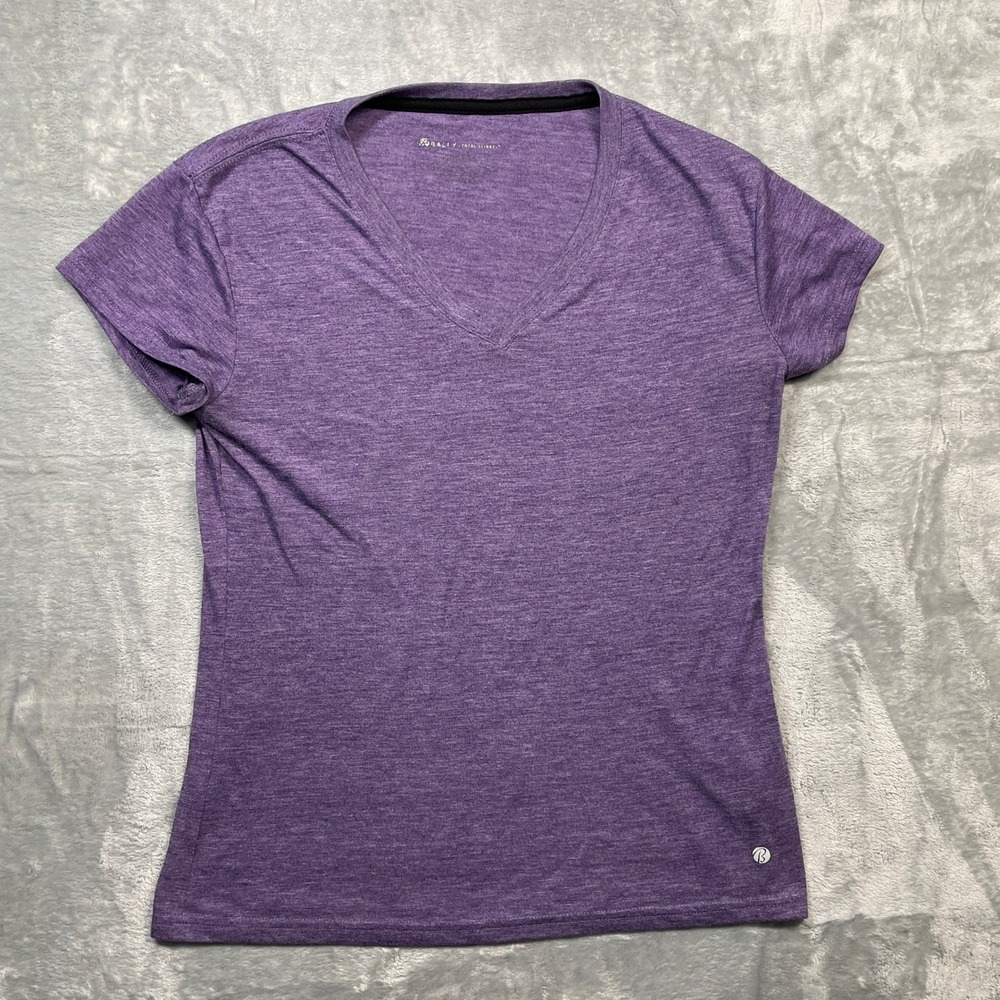 Bally Total Fitness T-Shirt Women Medium Purple‎ Heathered V-Neck Activewear Tee
